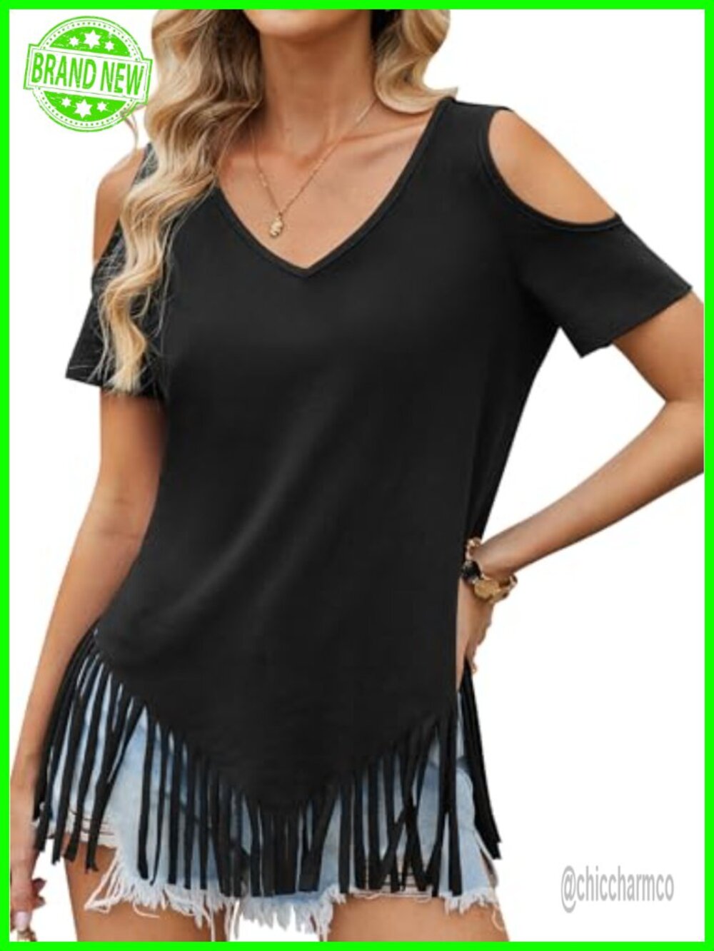 Fringe Cold Shoulder Top Short Sleeve V Neck T Shirt Casual Summer